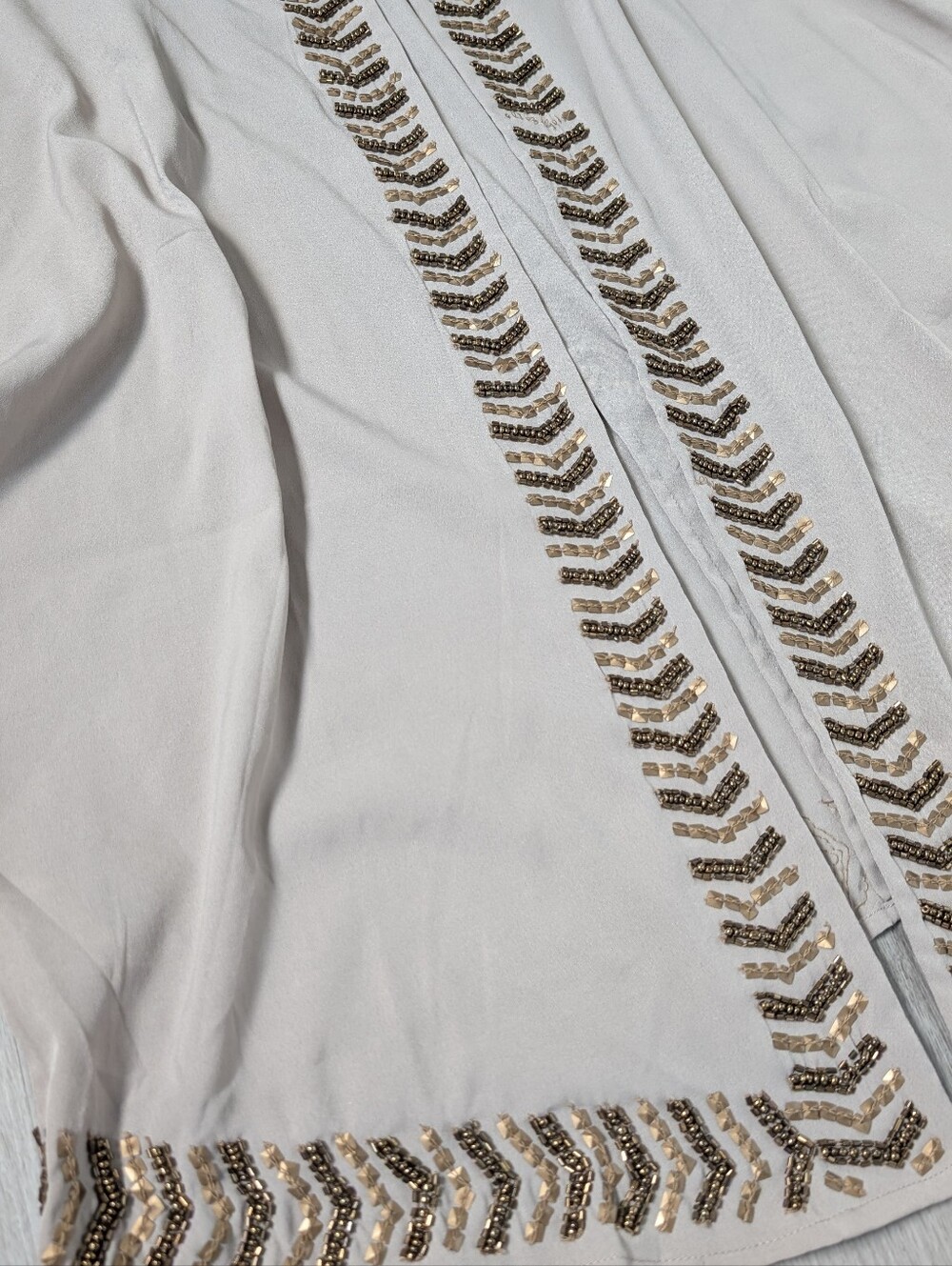 Forever 21 Boho Taupe Chevron Beaded Trim Open Front 3/4 Sleeve Kimono Jacket L - Picture 6 of 12